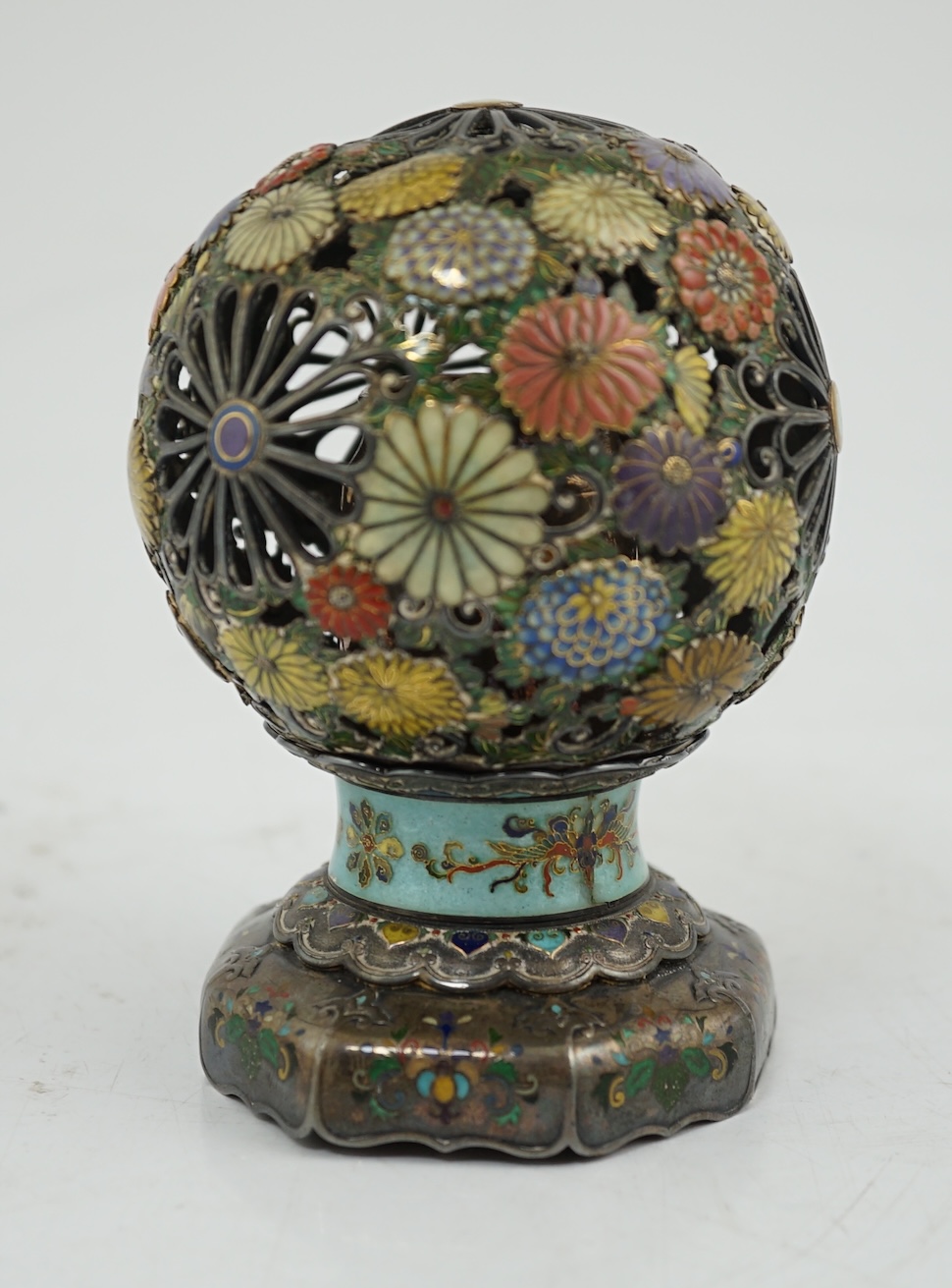 A Japanese silver and enamel globe-shaped koro and cover, Meiji period, some damage